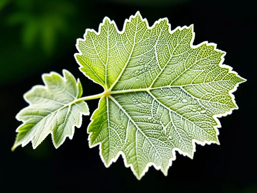 Detalle de una hoja de uva con mildiu, mostrando patrones intrincados y textura delicada