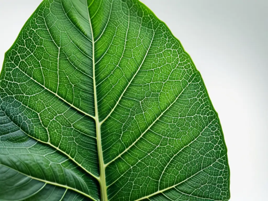 Detalle de una hoja verde resaltando su compleja red de venas y textura brillante