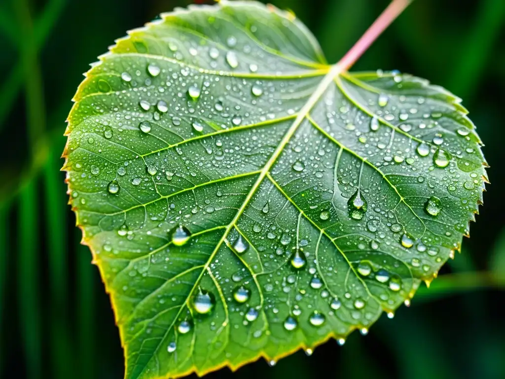 Detalle de una hoja verde cubierta de gotas de rocío, reflejando la luz con un efecto rociada plantas interior