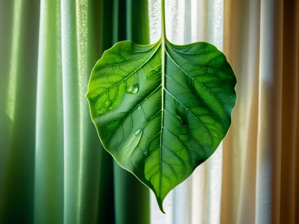Detalle increíble de una hoja verde con venas delicadas Detalle de una hoja verde exuberante iluminada por luz suave, con textura delicada