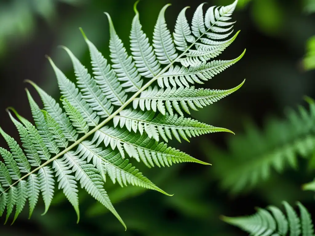Detalle de hoja de helecho verde exuberante, explorando texturas y colores de plantas en su máxima expresión