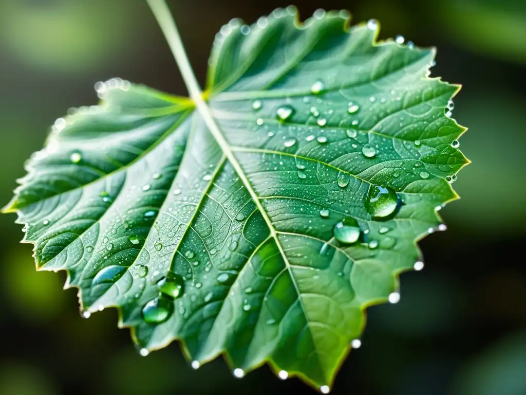 Detalle de hoja verde con gotas de agua, venas visibles y textura brillante