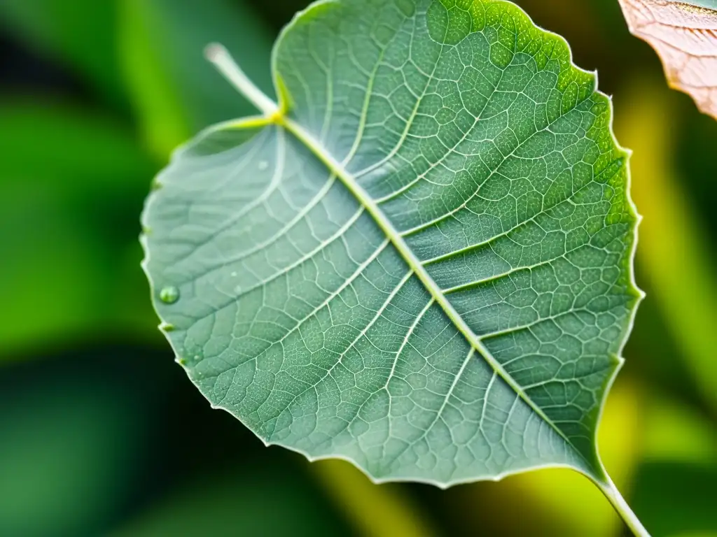 Detalle de hoja verde desplegándose con gotas de agua, reflejando la luz suave