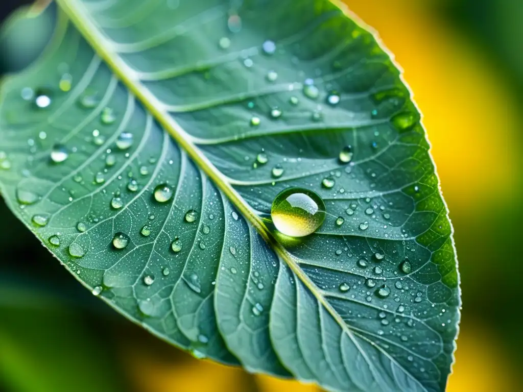 Detalle de hoja verde con gotas de rocío bajo luz matutina, efecto rociada plantas interior