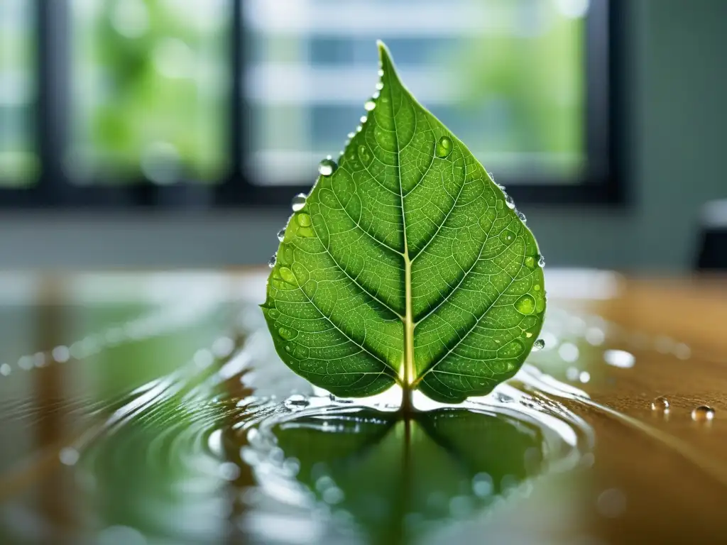 Detalle de hoja verde con gotas de agua, en un entorno de oficina sereno