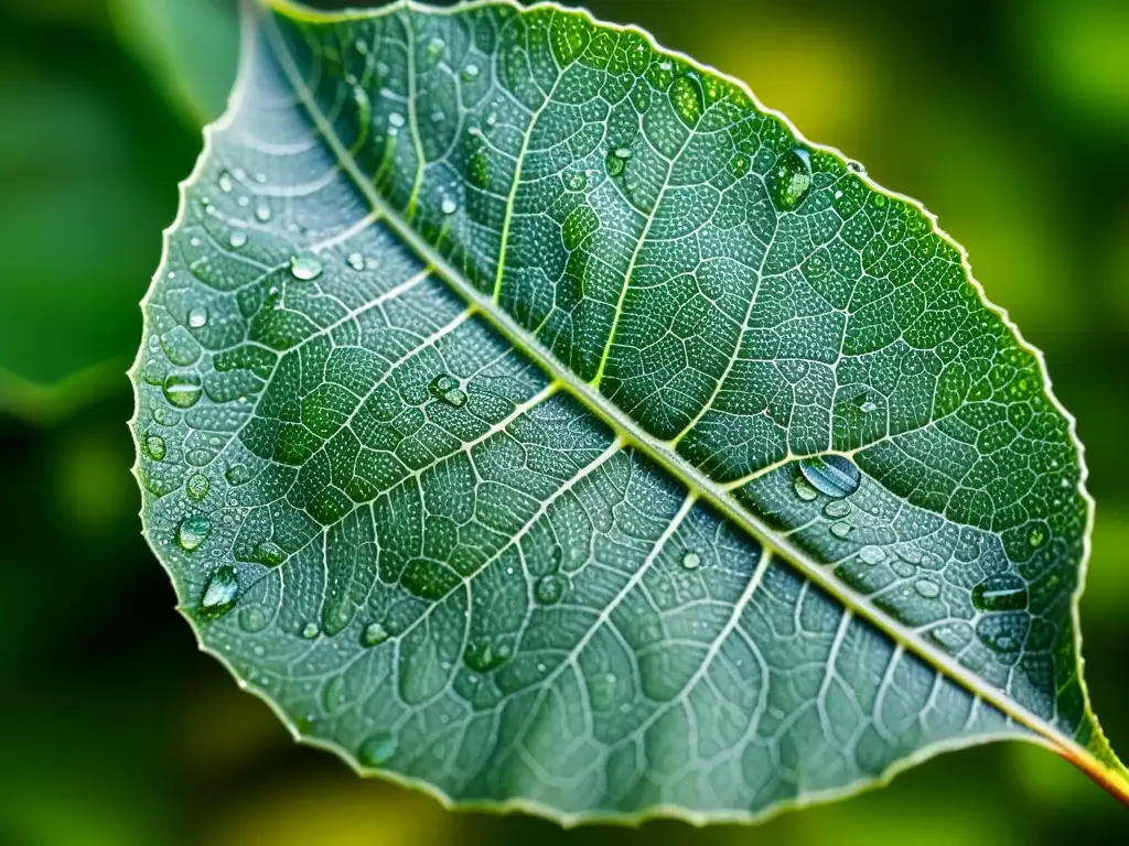 Detalle de hoja verde con gotas de agua, resaltando el ciclo del agua en plantas de interior