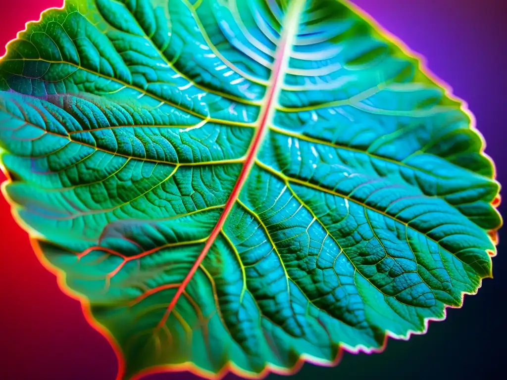 Detalle de hoja verde iluminada por colores LED, muestra efecto del color de la luz en plantas