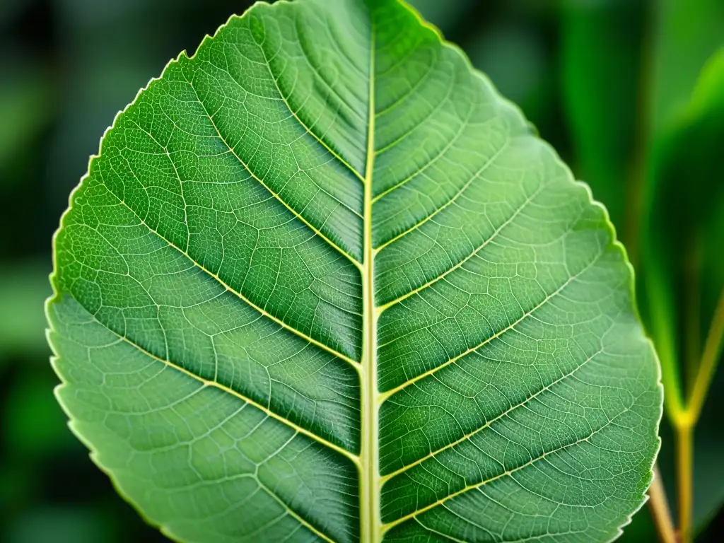 Detalle de una hoja verde con intrincadas venas, mostrando su textura y tonalidades