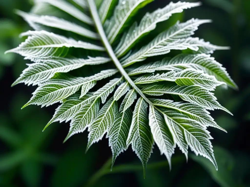 Detalle de una hoja verde con patrones de escarcha, mostrando el impacto del frío en las plantas