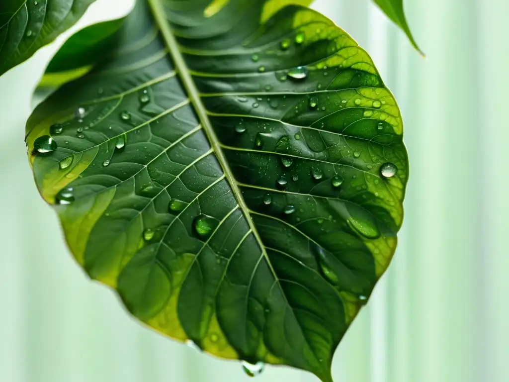 Detalle de hoja verde de planta de interior con gotas de agua al sol