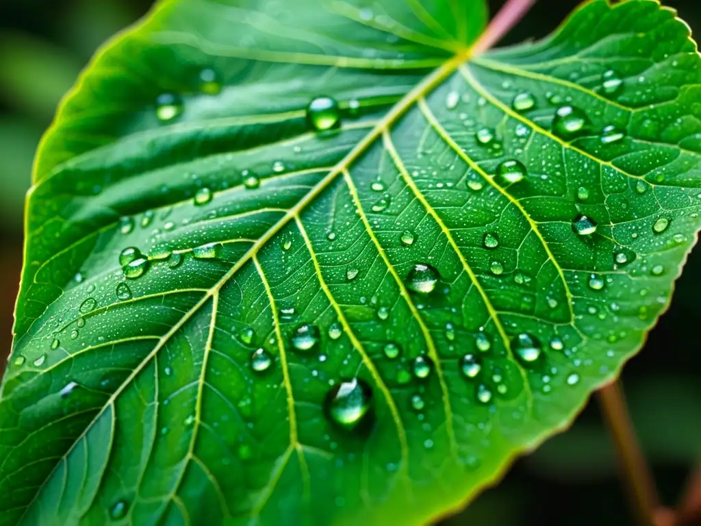 Detalle de una hoja verde saludable con gotas de agua, mostrando sus patrones de venas y color vibrante
