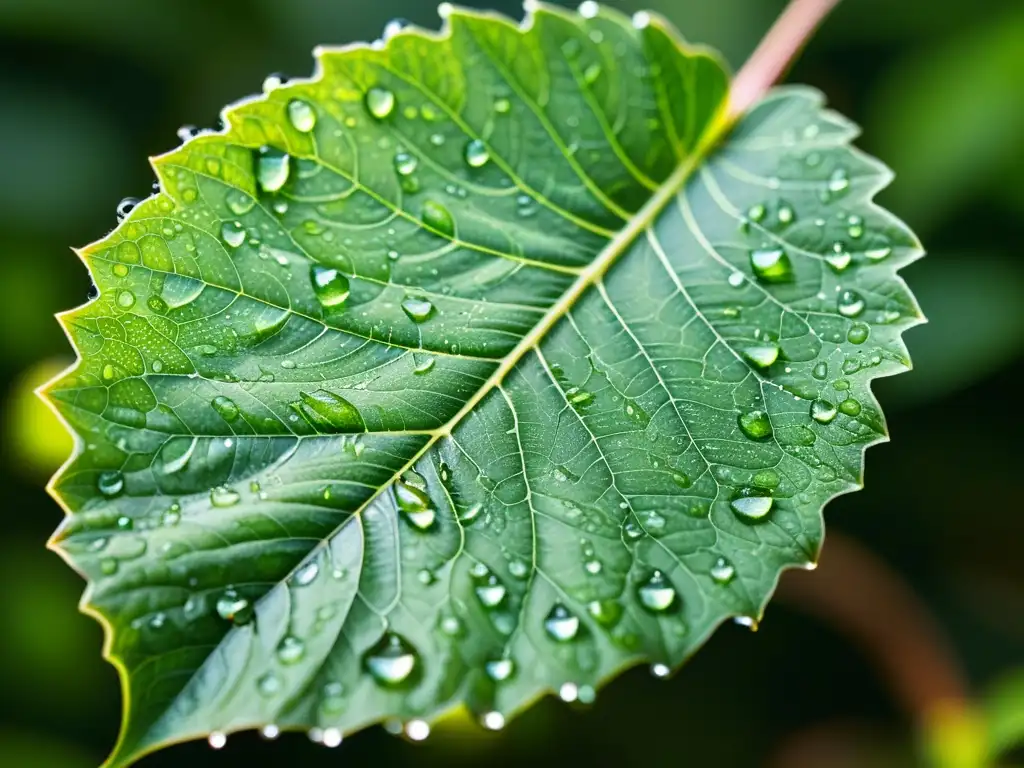 Detalle de una hoja verde sana con gotas de agua, reflejando la luz solar