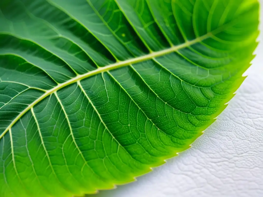 Detalle de hoja verde con señales de deficiencias nutricionales en plantas de interiores, mostrando patrones y texturas