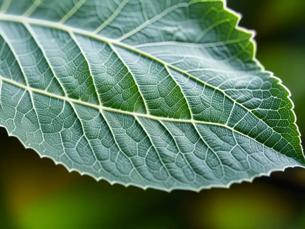 Detalle de una hoja verde con venas intrincadas y moscas blancas, para el control de mosca blanca en plantas de interior