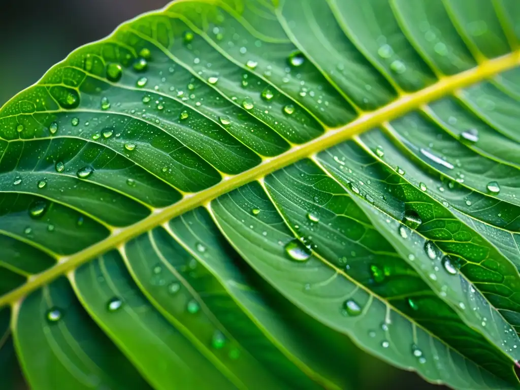 Detalle de hoja verde con patrón de venas y gotas de agua, iluminada por luz suave