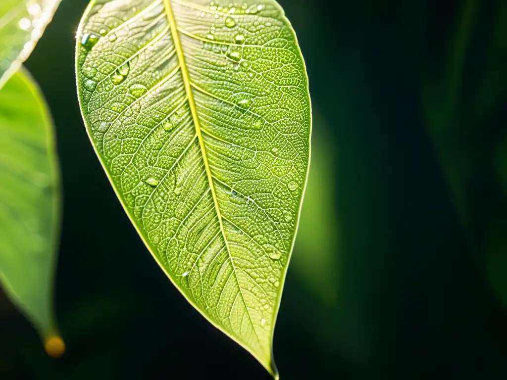 Detalle de una hoja verde vibrante con gotas de rocío, iluminada por el sol a través de una cortina