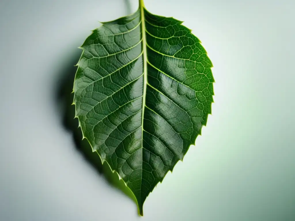 Detalle de una hoja verde vibrante iluminada por luz natural, sobre fondo blanco