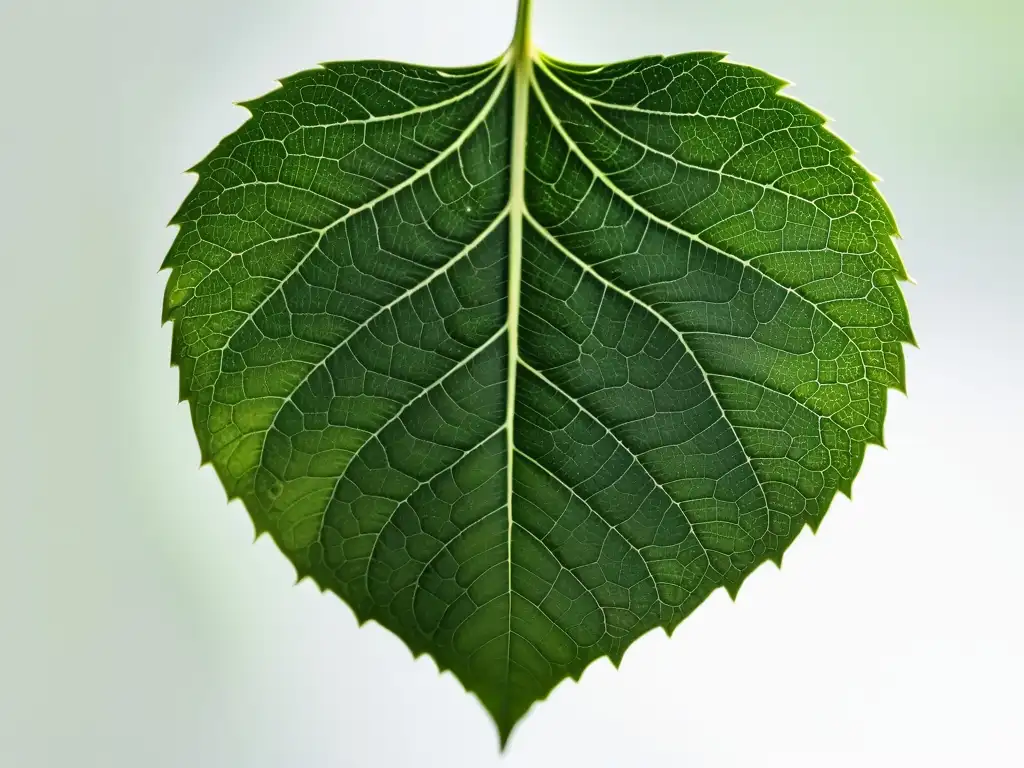 Detalle de una hoja verde vibrante con delicadas venas, en contraste con fondo blanco