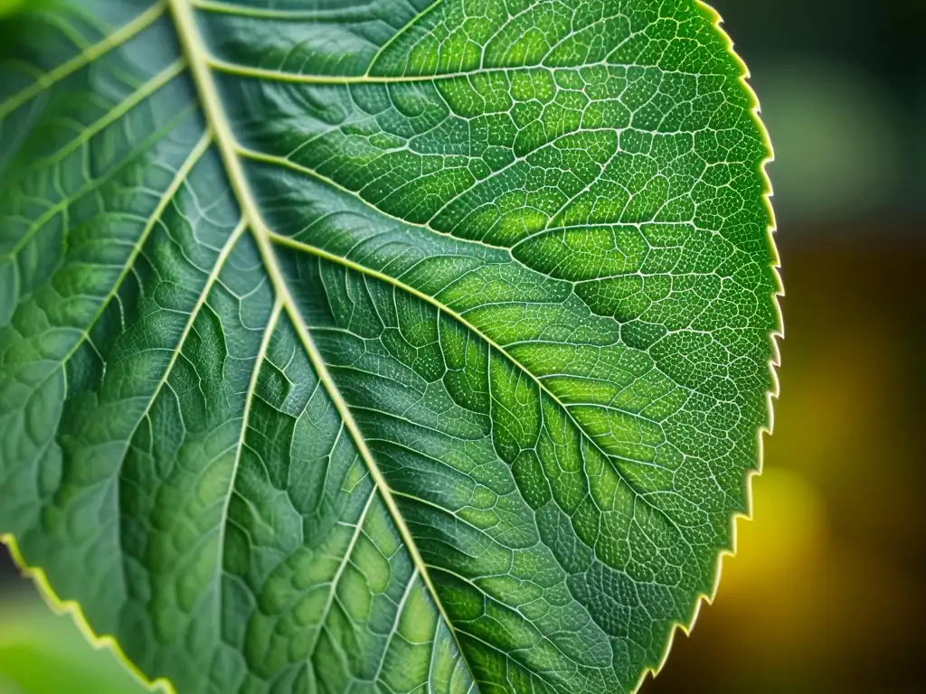 Detalle de una hoja verde vibrante iluminada suavemente, que emana tranquilidad y belleza natural, ideal para necesidades de luz plantas de interior