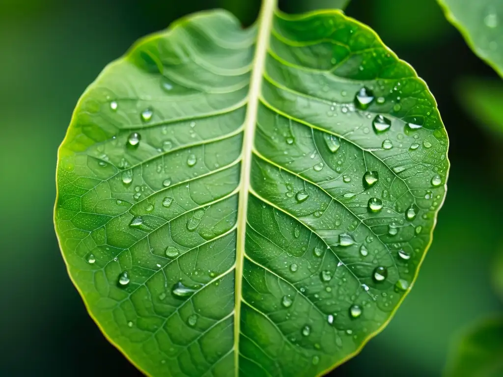 Detalle de una hoja verde vibrante de planta de interior con gotas de agua, resaltando su belleza natural