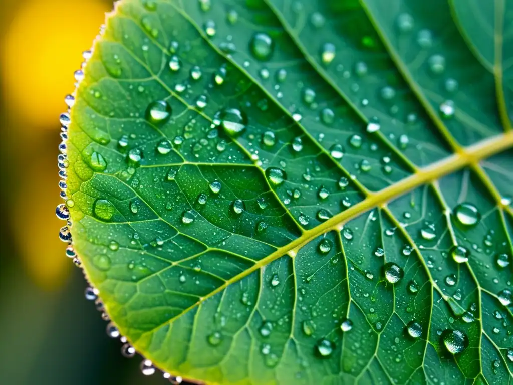 Detalle de una hoja verde vibrante cubierta de gotas de agua, mostrando sus intrincadas venas y finos vellos