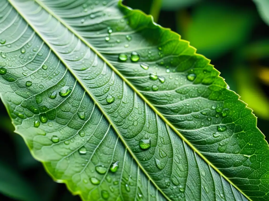 Detalle de una hoja verde vibrante con patrones e texturas, reflejando la belleza de plantas de interior