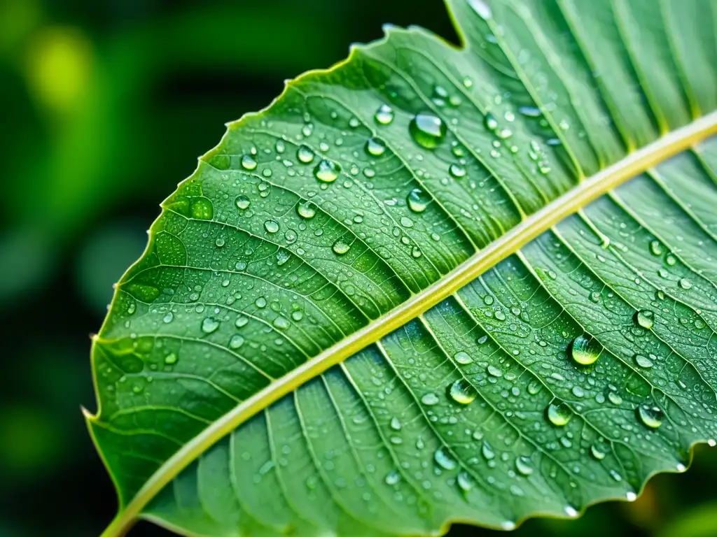 Detalle de una hoja verde vibrante con gotas de agua, iluminada por una luz suave