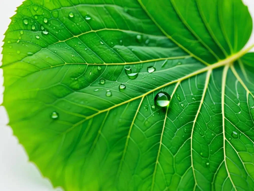 Detalle de una hoja verde vibrante de una planta de interior, con patrones de venas y gotas de agua