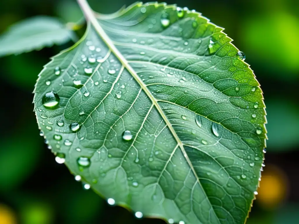 Detalle de una hoja verde vibrante con gotas de agua, enfoque en uso del bokeh para plantas, transmitiendo serenidad y belleza etérea