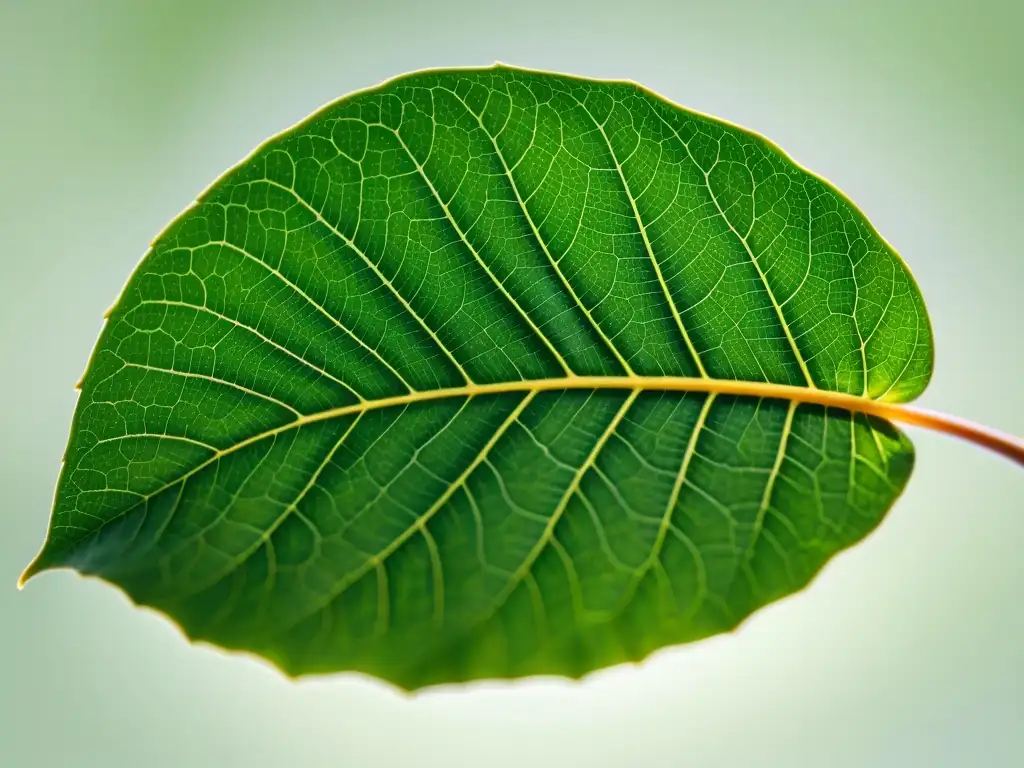 Detalle de una hoja verde vibrante, con delicadas venas y luz solar filtrándose a través del clorofilo