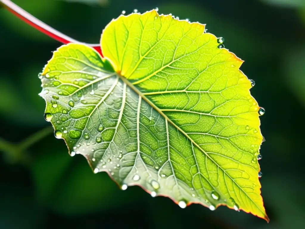 Detalle de una hoja de begonia verde vibrante con patrones plateados, iluminada y con gotas de agua, reflejando vitalidad y frescura