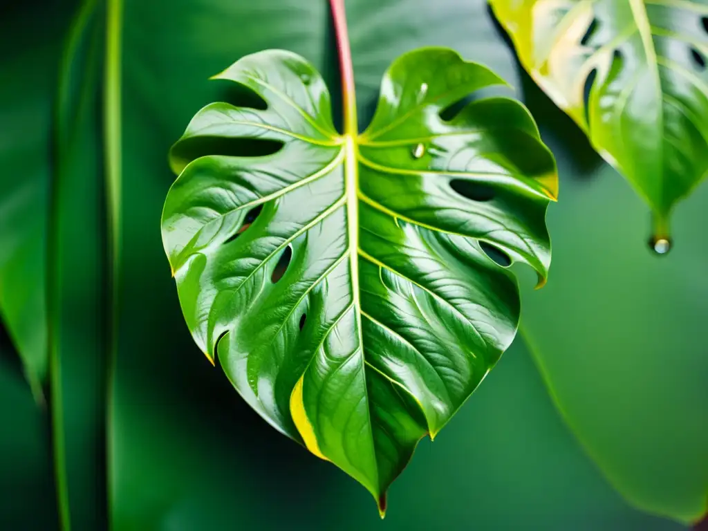 Detalle de hoja de filodendro vibrante, con venas intrincadas y tonos iridiscentes, realzando la belleza orgánica