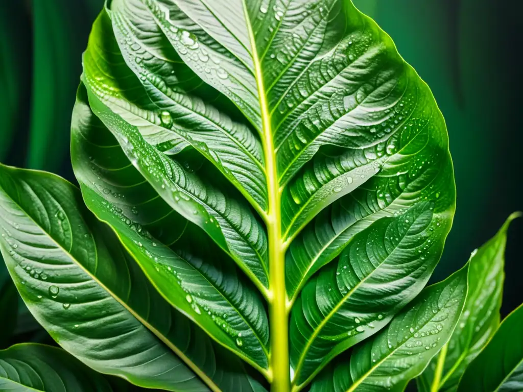 Detalle de hojas de Dieffenbachia con gotas de agua, mostrando su belleza natural