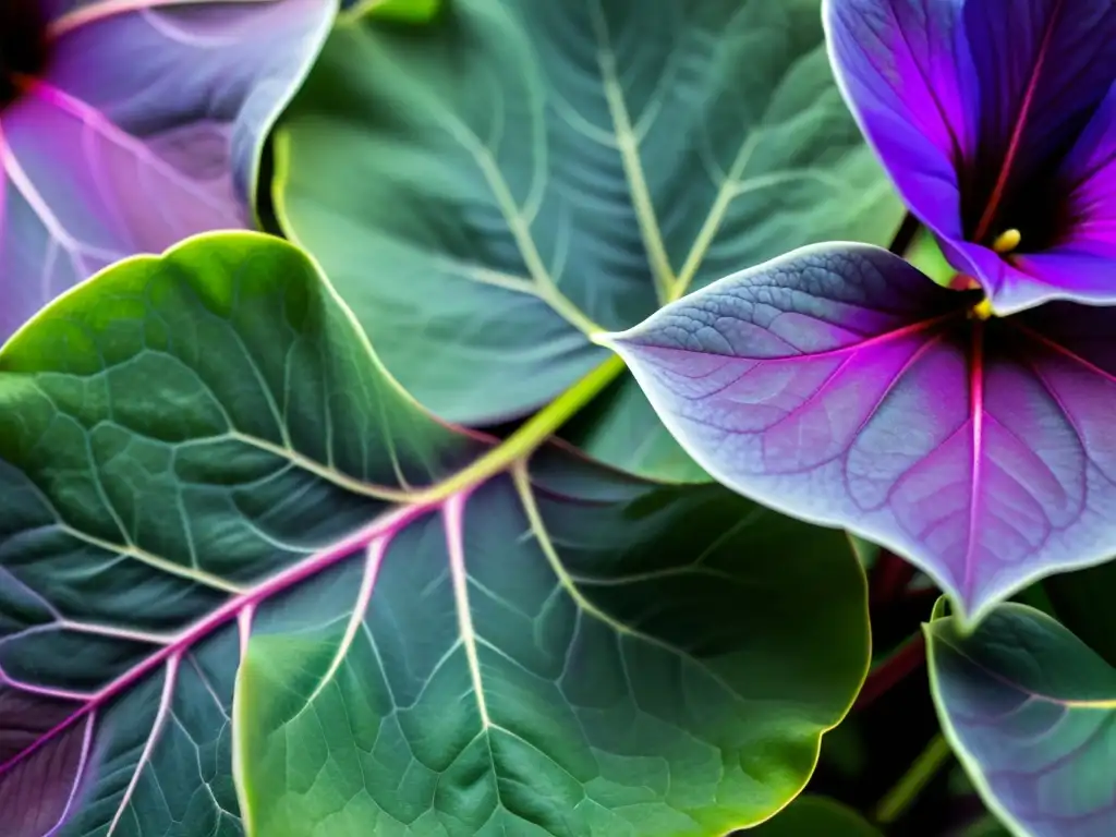 Detalle de las hojas de Oxalis Triangularis, con movimientos dancelike y vibrantes tonos púrpuras y verdes