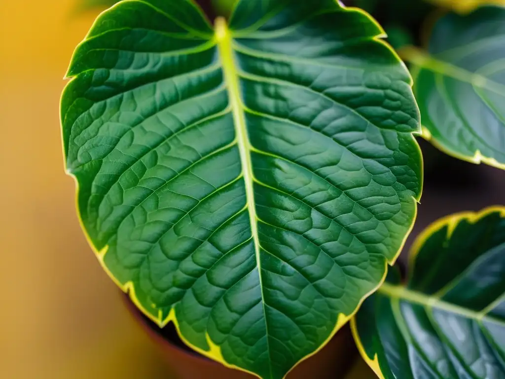 Detalle de hojas de planta de interior con deficiencias nutricionales para identificar