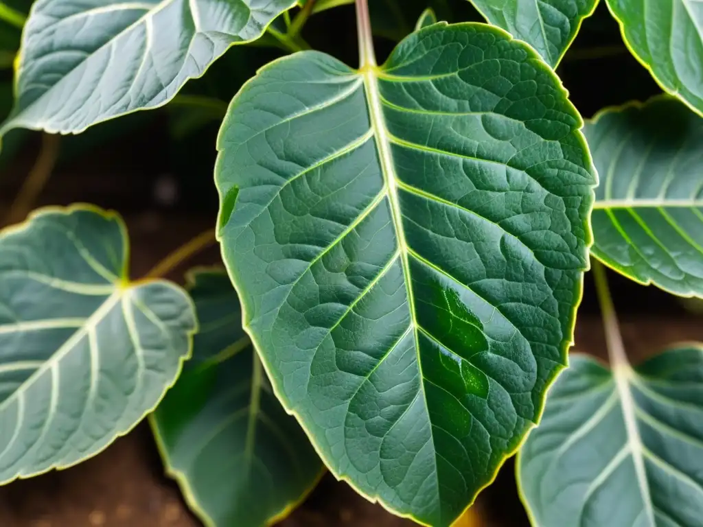 Detalle de hojas de planta de interior con signos de deficiencia nutricional, con decoloración, bordes marrones y manchas amarillas