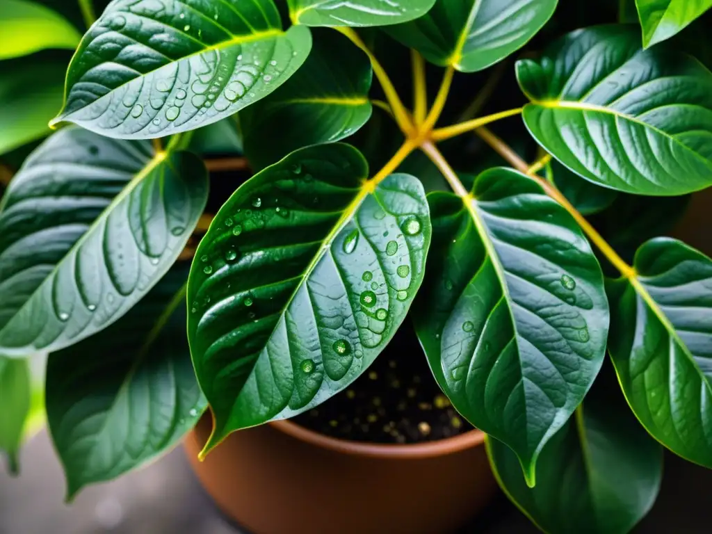 Detalle de hojas de planta de interior con trucos de luz, patrones de venas y gotas de agua