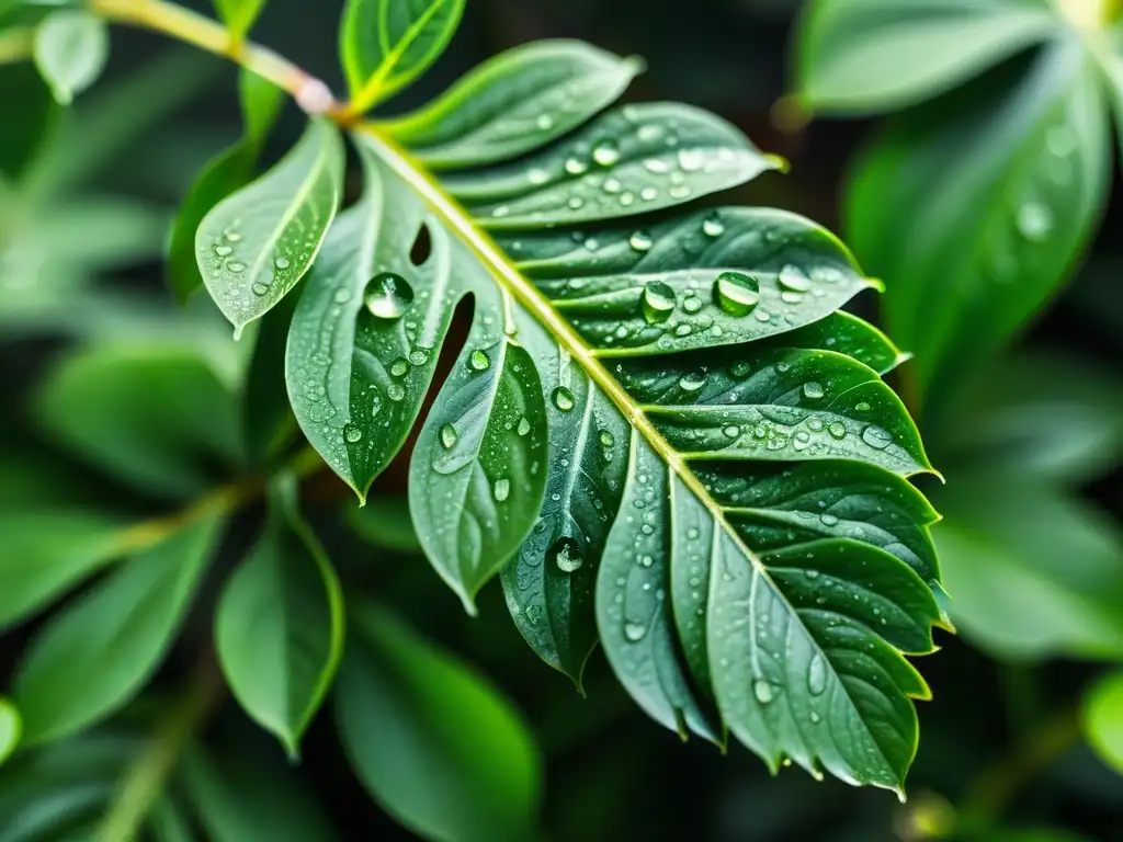 Detalle en 8k de hojas de planta de interior con gotas de agua por transpiración, mostrando su belleza natural