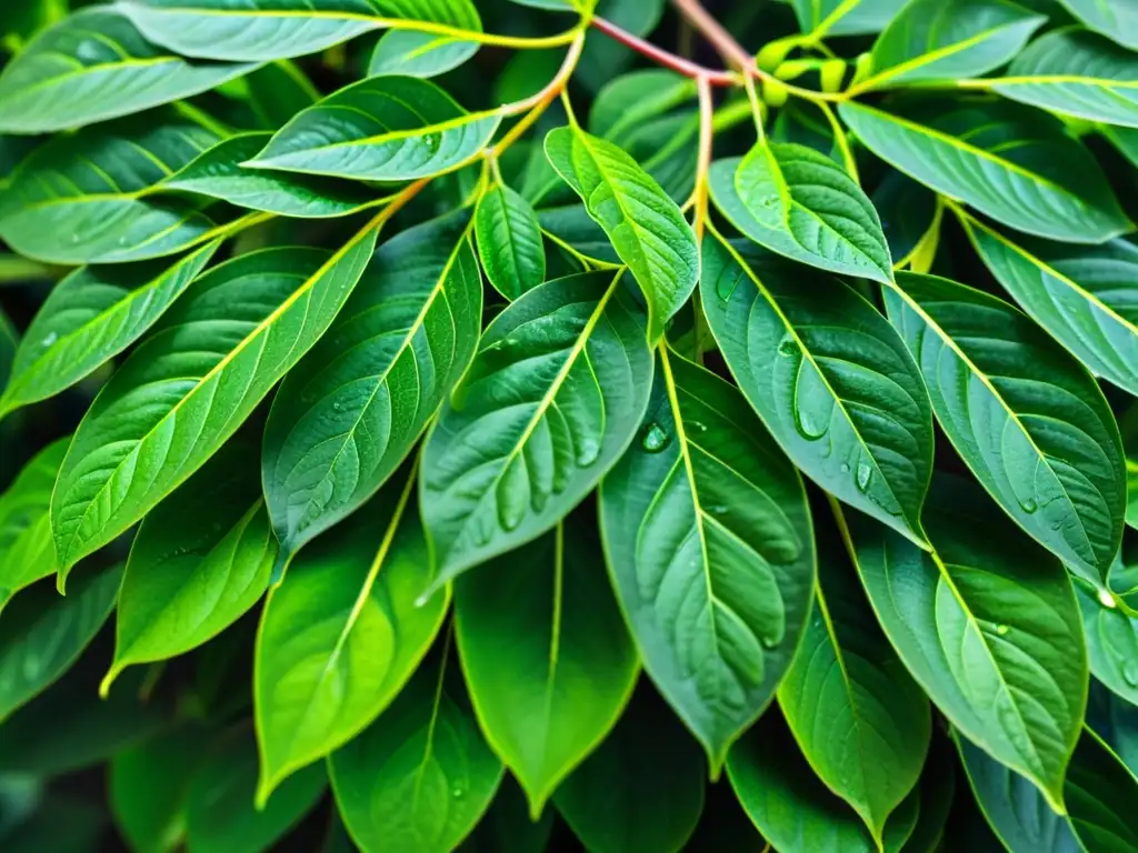 Detalle de hojas saludables de Schefflera con gotas de agua, resaltando su belleza