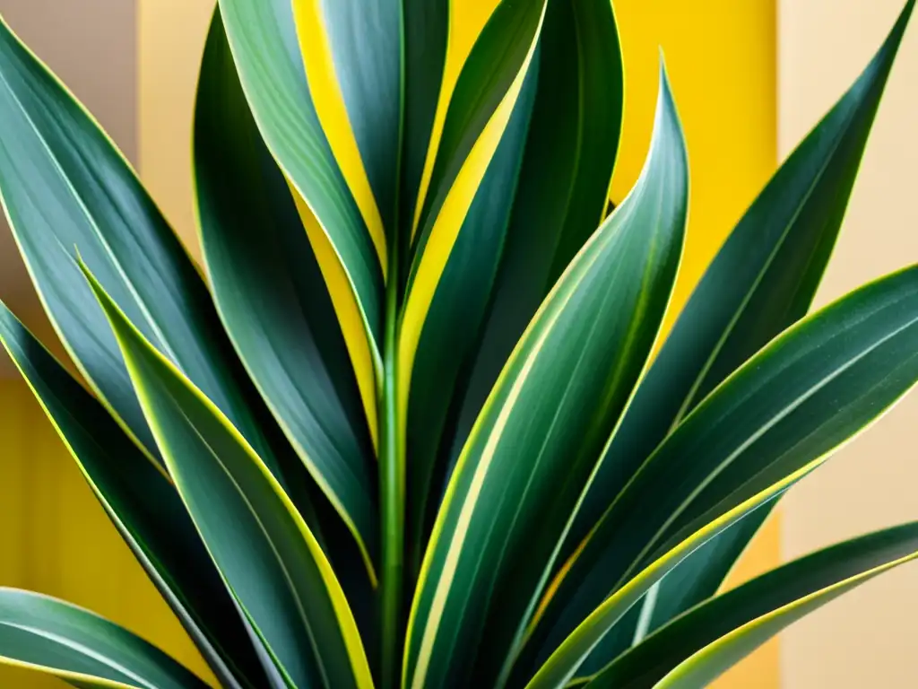 Detalle de hojas sansevieria trifasciata, planta de interior, resaltando sus tonos verdes y amarillos