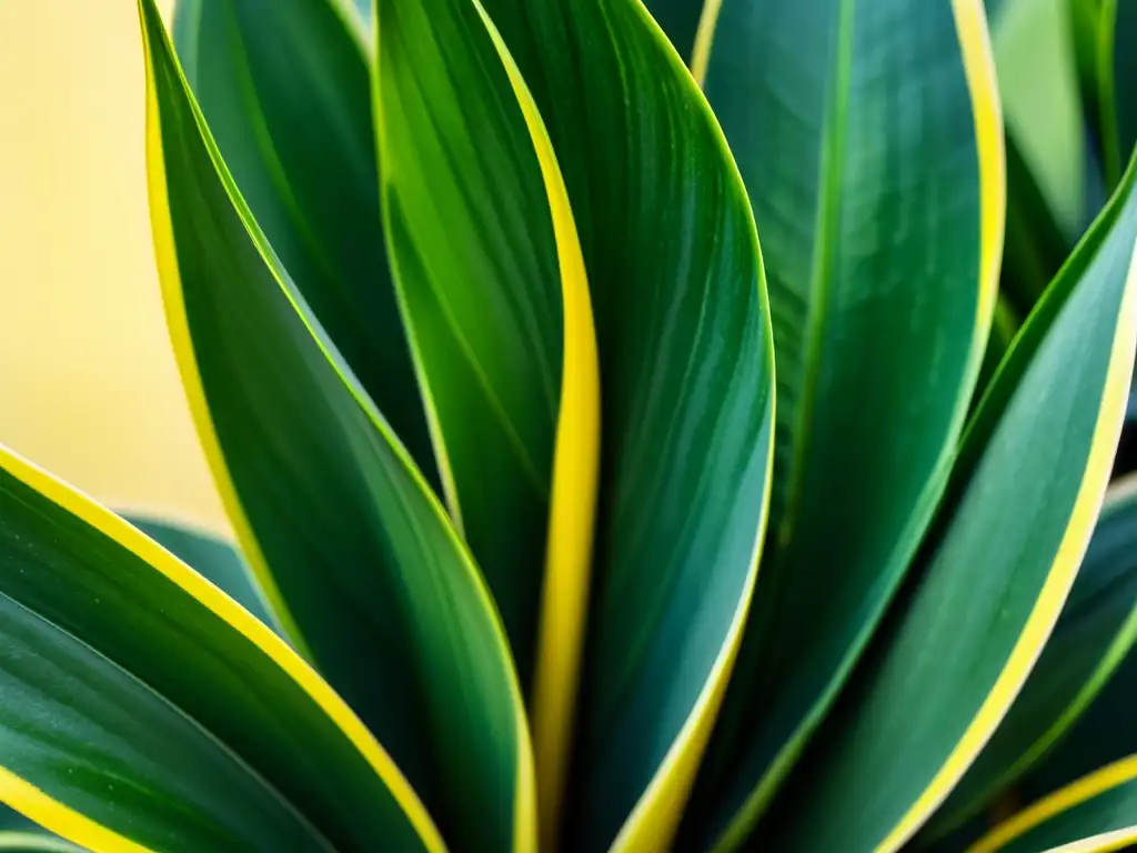 Detalle de las hojas variegadas de la planta Sansevieria Trifasciata, mostrando su belleza minimalista