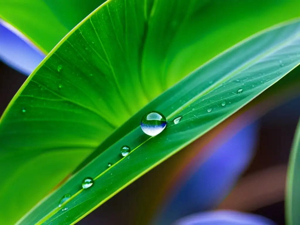 Detalle de hojas verdes de jacinto de agua con gotas, creando un patrón de colores