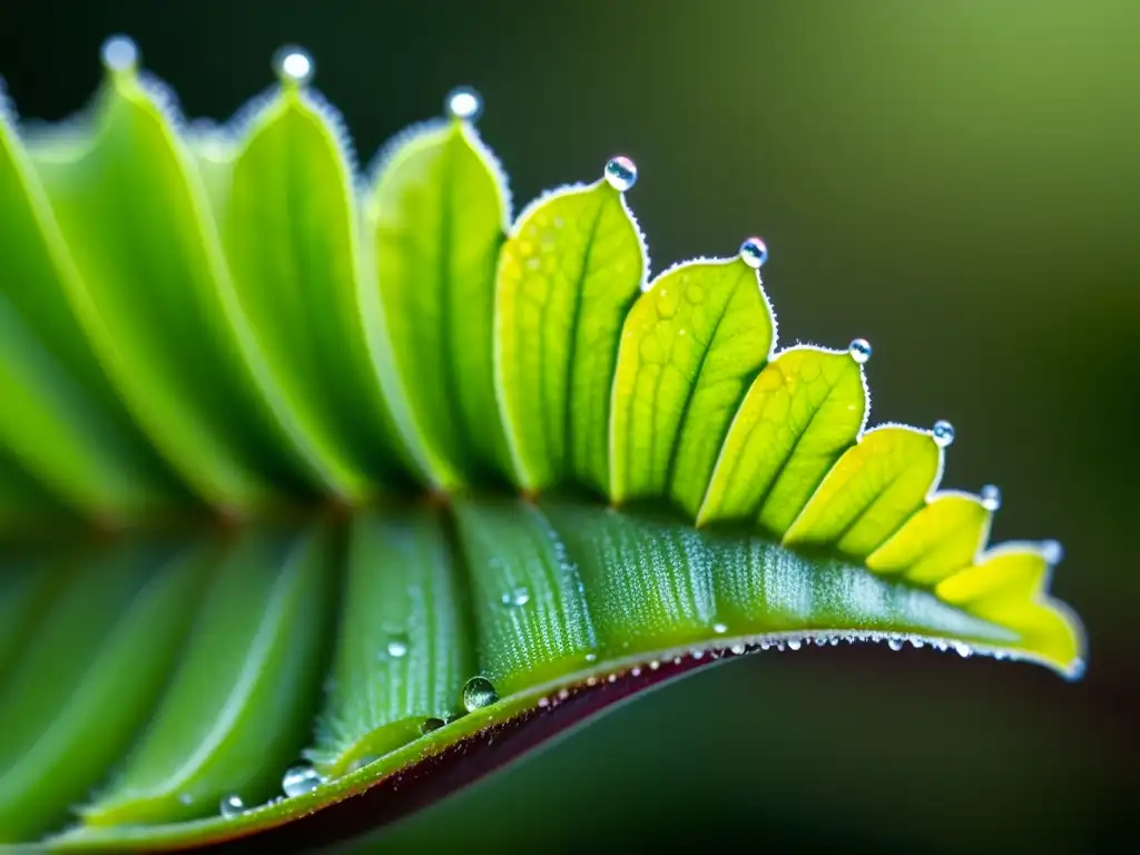 Detalle ultrarresolución de hojas verdes de una planta carnívora, cubiertas de rocío