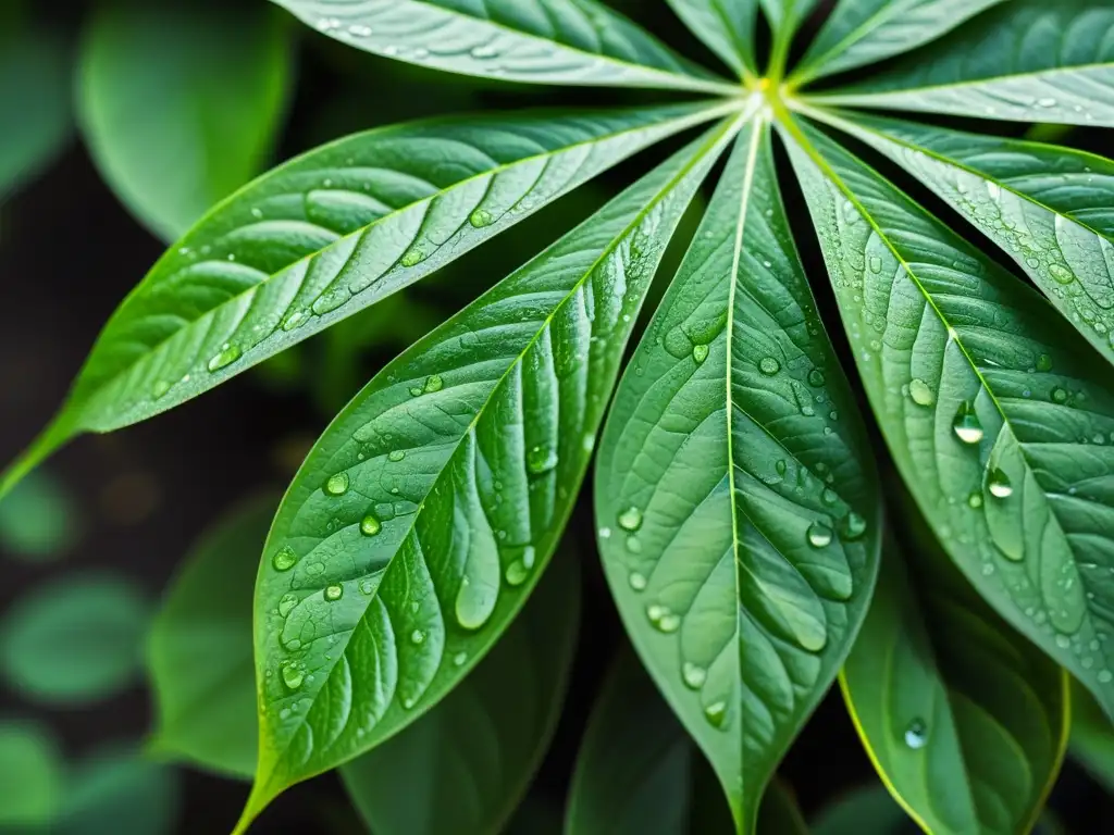 Detalle de hojas verdes de planta con gotas de agua