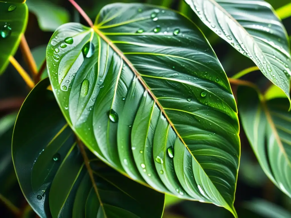 Detalle de hojas verdes tropicales con gotas de agua, reflejando la luz del sol