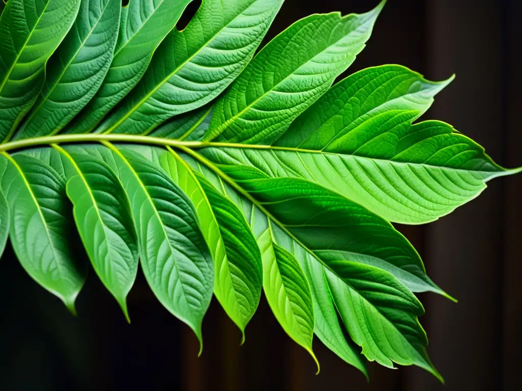 Detalle de hojas verdes vibrantes, con patrones e texturas intrincados que muestran la belleza natural de la vegetación