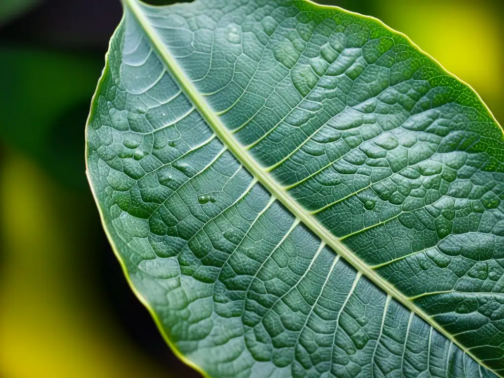 Detalle impactante de hoja de planta con señales de deficiencias nutricionales, mostrando patrones y decoloraciones