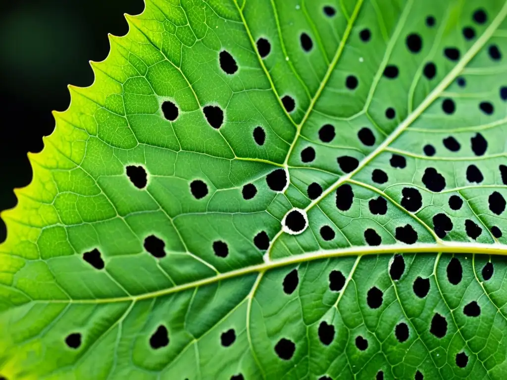 Detalle impactante de hoja verde sana con manchas negras por hongo