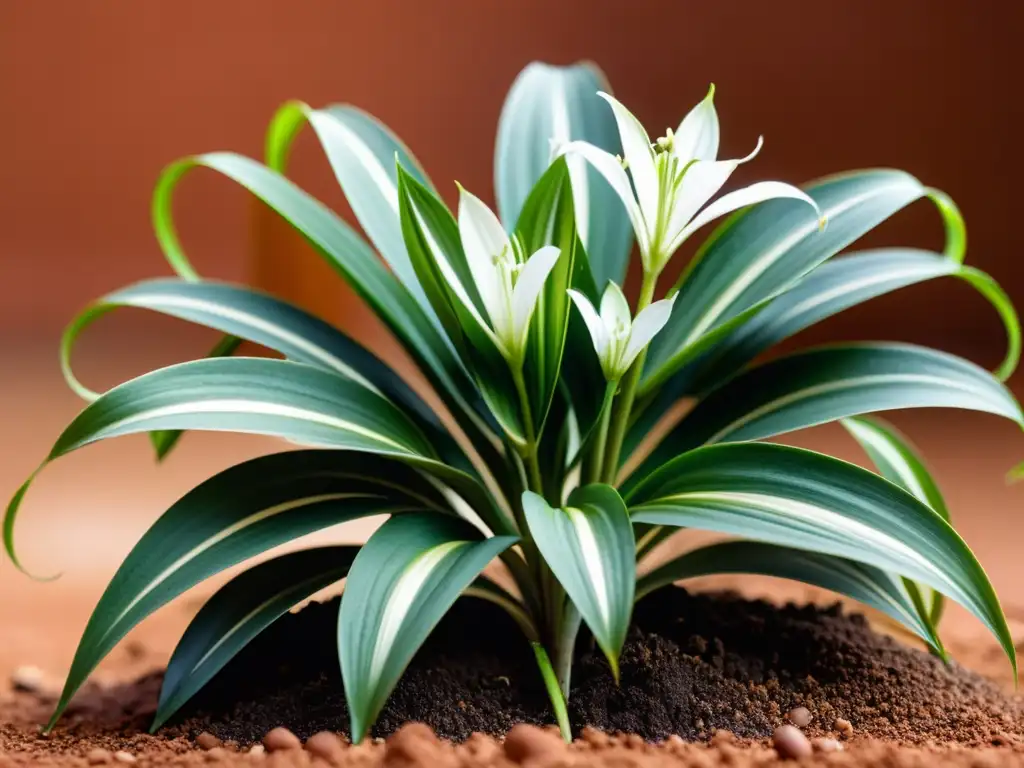 Detalle impactante de planta de interior con colores vibrantes y delicadas flores blancas en suelo terracota