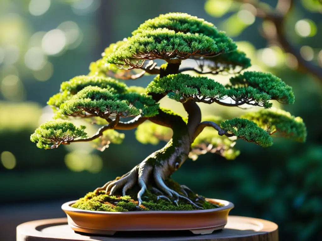 Detalle impresionante de un bonsái cuidadosamente podado en la exposición anual de bonsái cuidado de plantas